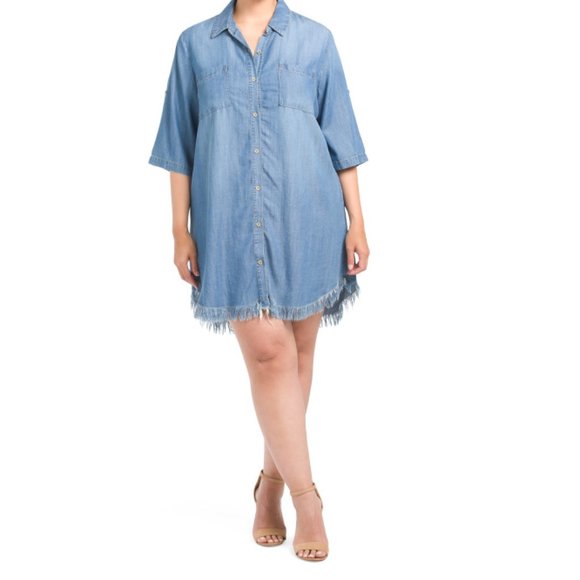 C&T Medium Blue Plus Roll Tab Button Front Tencel Dress - Picture 1 of 2